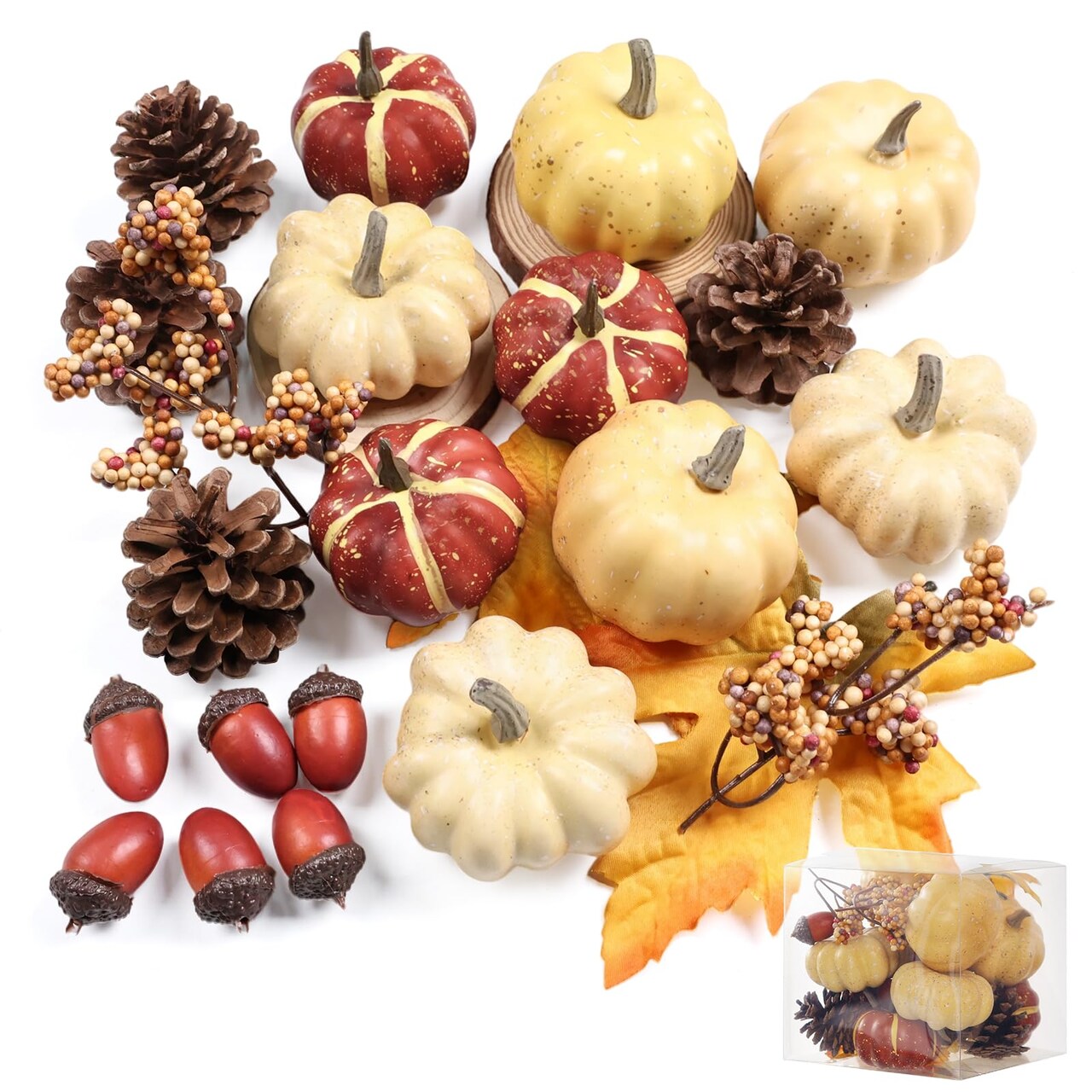 23Pcs Fake Pumpkins Fall Thanksgiving Decorations,Plastic Pumpkins with Acorns,Maple Leaves,Pine cones,Berries, Artificial Mini Pumpkin Decorating Harvest Home Decor Centerpiece Table Decorations